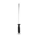 The Messermeister Fine Grit Honing Steel - 12" is shown upright on a plain light background, featuring a black handle and silver ring—ideal for quick and efficient edge maintenance.