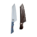 The Messermeister Iron & Resin Overland Chef 8″ Camp Knife, featuring a sharp blade and a distinctive blue handle, is displayed alongside its brown leather sheath with metal rivets against a white background. Expertly precision-forged by Messermeister, this camp knife is ideal for outdoor cooking and rugged adventures.