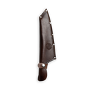 The Messermeister Iron & Resin Overland Chef 8″ Camp Knife by Messermeister is shown against a plain white background, featuring a dark brown leather sheath with metal rivets and a snap-button strap, enclosing its precision-forged blade ideal for outdoor cooking or use as a camp knife.