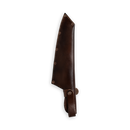 Here’s a revised version using the product data: A brown leather sheath with stitched edges and a buttoned strap at the bottom, designed to securely hold and protect the Messermeister Iron & Resin Overland Chef 8″ Camp Knife.