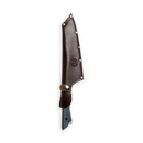 The Messermeister Iron & Resin Overland Chef 8″ Camp Knife features a gray handle and comes in a brown leather sheath accented with metal rivets and an embossed logo. The snap closure keeps the precision-forged Messermeister blade secure, making it ready for any outdoor cooking adventure.