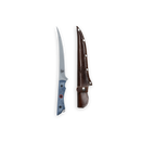 The Messermeister Iron & Resin Overland Chef 7″ Mid-Flex Fillet Knife, featuring a curved high-carbon stainless steel blade and a blue handle, is displayed next to its brown leather sheath on a white background—perfect for precise fish preparation.