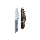 The Messermeister Iron & Resin Overland Chef 4.5″ Utility Knife, featuring a blue-gray handle and crafted from Nitro-B steel, is displayed next to its brown leather sheath with metal rivets and a snap closure, both set against a plain white background.