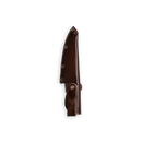 The Messermeister Iron & Resin Overland Chef 4.5″ Utility Knife is displayed vertically in a brown leather sheath featuring visible stitching and snap fasteners, set against a plain white background.