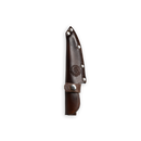 A dark brown leather sheath with metal rivets and a snap closure, featuring an embossed circular design on the front, is displayed on a plain white background—perfect for safely storing your Messermeister Iron & Resin Overland Chef 4.5″ Utility Knife during camp cooking or outdoor adventures.