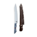 The Messermeister Iron & Resin Overland Chef 9″ Carving Knife, featuring a sharp blade and a blue handle, is displayed alongside its brown leather sheath with metal rivets by Messermeister, both set against a plain white background.