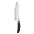 The Messermeister Kawashima Magnet Block Set - 5 Piece includes a chef’s knife with a sharp SG2 steel blade, pointed tip, dark wooden handle, and metallic bolster—ideal for display on your Messermeister magnetic wood block.