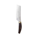 The Messermeister Kawashima Nakiri Knife - 6.5" features a wide SG2 powdered steel blade and dark wooden handle with a brass accent, shown cleaver-style on a white background. Brand: Messermeister.