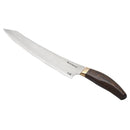 The Messermeister Kawashima Slicer - 10" features a wide, curved SG2 powdered steel blade and dark wooden handle with brass bolster, exemplifying expert Japanese craftsmanship.