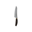 The Messermeister Kawashima Utility Knife - 6", featuring a gleaming steel blade and dark wood handle, stands upright against a white background—ideal for efficient kitchen prep.