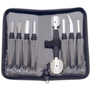 The Messermeister 9 Piece Garnishing Tool Set includes eight metal tools with black handles in a black zippered case—ideal for detailed food carving and enhancing presentation in any kitchen.