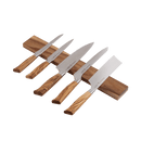 Five kitchen knives with wooden handles are displayed on a Messermeister Wall Wood Knife Magnet Bar (17.75") by Messermeister, mounted against a white background.