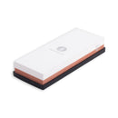 The Messermeister Maintenance Stone is a rectangular, dual-sided sharpening whetstone (1000 & 3000 grit) with a white top, brown middle, and black base. It features subtle logo/text for easy knife sharpening. Brand: Messermeister.
