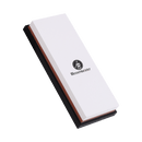 The Messermeister Maintenance Stone - 1000 & 3000 Grit is a rectangular, dual-sided white water stone with the Messermeister logo on top, set on a black base with a brown middle layer, displayed on a white background.
