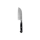 The Messermeister Meridian Elite Kullens Santoku Knife - 5" features a black handle, silver blade, high-carbon stainless steel with a hollow edge, exemplifying German craftsmanship on a white background.