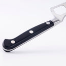 Close-up of a Messermeister Meridian Elite Cheese & Tomato Knife - 5" with a black handle, three metal rivets, and metal shaft, set against a plain white background.