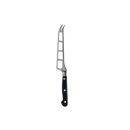 The Messermeister Meridian Elite Cheese & Tomato Knife - 5", featuring a black handle and a stainless steel blade with holes for easy slicing and serving, is displayed against a plain white background.