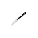 The Messermeister Meridian Elite Bird's Beak Garnishing Knife - 2.5" features a black, triple-riveted handle and a short, curved blade for precision tasks. Crafted in Solingen, Germany; shown on a white background.