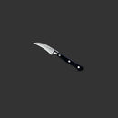 The Messermeister Meridian Elite Bird's Beak Garnishing Knife - 2.5" features a curved stainless steel blade and a black triple-riveted handle, shown on dark gray—crafted in Solingen, Germany for precision garnishing.
