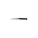 The Messermeister Meridian Elite Bird's Beak Garnishing Knife - 2.5" has a curved stainless steel blade and a black, triple-riveted handle, shown on a white background—ideal for precise garnishing tasks.