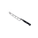 The Messermeister Meridian Elite Cheese & Tomato Knife - 5", by Messermeister, features a black handle, silver blade with cut-out holes, serrated edge, and a forked tip, shown on a white background.