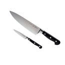 The Messermeister Meridian Elite Chef and Parer Set (2 Piece) features kitchen knives with black handles and silver German stainless steel blades, shown on a white background.