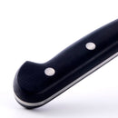 Close-up of the black handle with two metal rivets from the Messermeister Meridian Elite Chef and Parer Set - 2 Piece, crafted from German stainless steel, isolated on a white background.
