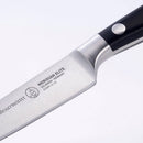 Close-up of a Messermeister Meridian Elite Chef and Parer Set paring knife with a black handle. The German stainless steel blade features the Messermeister logo and product details engraved.