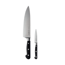 The Messermeister Meridian Elite Chef and Parer Set - 2 Piece by Messermeister features two German stainless steel knives—a large chef’s knife and a small paring knife with black handles—displayed on a plain white background.