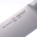 Close-up of the Messermeister Meridian Elite Chef and Parer Set blade, made from German stainless steel, engraved with "MERIDIAN ELITE, SOLINGEN - GERMANY, E/3686-8" and the Messermeister logo.