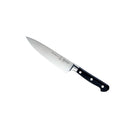The Messermeister Meridian Elite Chef's Knife - 10", made of German stainless steel with a black triple-riveted handle, is shown on a white background. The blade features printed text and the Messermeister logo.