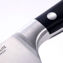 Close-up of the Messermeister Meridian Elite Chef's Knife - 10", showcasing its German stainless steel blade, metal bolster, and black handle with a metal rivet against a white background.