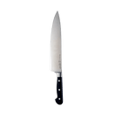 The Messermeister Meridian Elite Chef's Knife - 10" features German stainless steel with a black, triple-riveted handle and is shown on a plain white background.