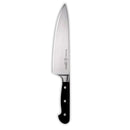 The Messermeister Meridian Elite 8" Chef's Knife features German stainless steel and a black ergonomic handle with three rivets, displayed on a white background.