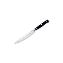 The Messermeister Meridian Elite Fine Edge Steak Knife Set (4-piece) features sharp stainless steel knives with black handles and three silver rivets, shown on a white background.