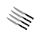 The Messermeister Meridian Elite Fine Edge Steak Knife Set (4 Piece) features German-forged knives with black triple-rivet handles, arranged diagonally and parallel against a white background.