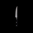 The Messermeister Meridian Elite Fine Edge Steak Knife Set (4 Piece), featuring black handles with three metal rivets and classic German styling, is displayed vertically against a plain black background.