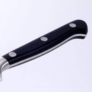 Close-up of a black handle with three silver rivets from the Messermeister Meridian Elite Fine Edge Steak Knife Set—4 Piece, photographed on a plain white background. Part of the fine edge blade is visible on the left.