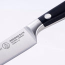 Close-up of the Messermeister Meridian Elite Fine Edge Steak Knife Set—4 Piece, featuring black handles with rivets and blades marked "Meridian Elite Solingen-Germany," highlighting the quality of German craftsmanship against a light background.
