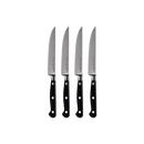 Four Messermeister steak knives with black handles and German stainless steel blades are neatly arranged on a white background, ideal for complementing the Messermeister Meridian Elite Next Level Block Set - 11 Piece.