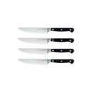 The Messermeister Meridian Elite Fine Edge Steak Knife Set includes four identical stainless steel knives with black, triple-riveted handles, arranged horizontally and parallel on a white background.