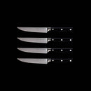 Four Messermeister Meridian Elite Fine Edge Steak knives, each with a black handle, are displayed evenly in a horizontal row on a solid black background.