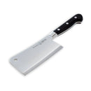 The Messermeister Meridian Elite Heavy Cleaver - 6" is a robust German stainless steel cleaver with a triple-riveted black handle, shown on a white background.