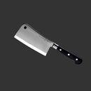 The Messermeister Meridian Elite Heavy Cleaver - 6" features German stainless steel and a black triple-riveted handle, shown on a plain dark gray background.