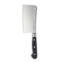 The Messermeister Meridian Elite Heavy Cleaver - 6" features a wide German stainless steel blade with a top-corner hole and a black triple-riveted handle, showcased against a white background.
