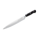 The Messermeister Meridian Elite Kullens Carving Knife - 8" features a sharp German stainless steel blade with oval-shaped indentations and a triple-riveted black handle, displayed on a white background.