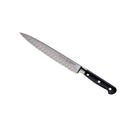 The Messermeister Meridian Elite Kullens Carving Knife - 8" features premium German stainless steel, a black triple-riveted handle, and a long, slightly curved blade with oval indentations, shown on a white background.