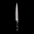 The Messermeister Meridian Elite Kullens Carving Knife - 8" features a granton blade made of German stainless steel and a black, triple-riveted handle, standing out sharply against a solid black background.