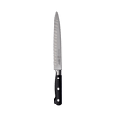 The Messermeister Meridian Elite Kullens Carving Knife - 8" features a long, narrow, dimpled blade and a black three-riveted handle, shown on a plain white background.