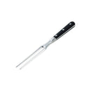 The Messermeister Meridian Elite Kullens Carving Set – 2 Piece features a high-carbon German steel knife and a stainless steel fork with two sharp prongs. Both have black handles with three silver rivets, shown on a white background.